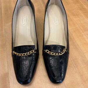 Talbots Black Croc-Embossed Leather Loafers with Gold Chain